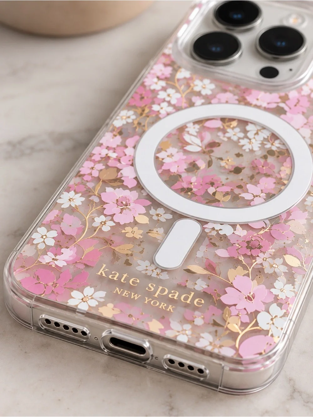 NWOT Kate Spade Floral MagSafe iPhone 15 Pro Case Pink Gold Clear